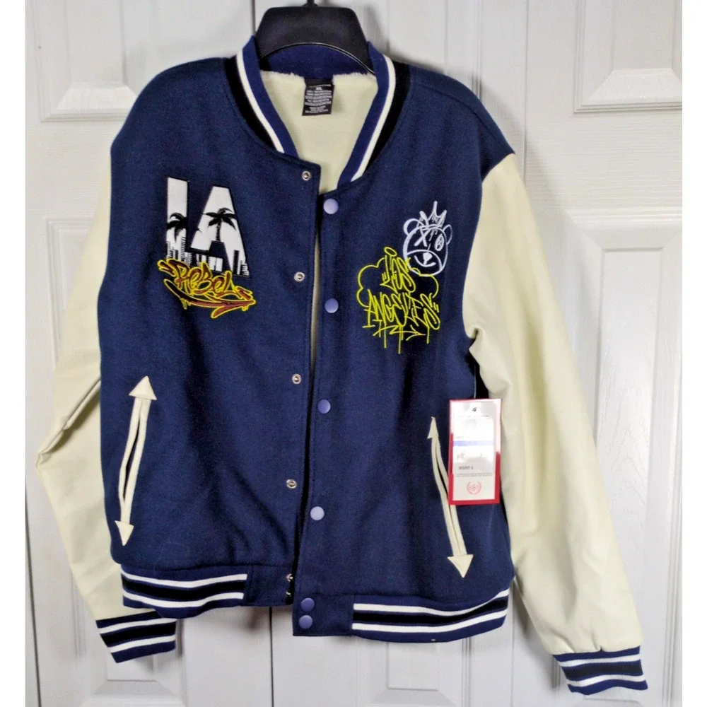 Ring Of Fire JUCAL Boys XL Varsity Jacket Navy Off White LA Patches Youth NWT